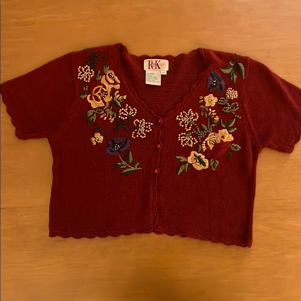 Red Knitted Floral Button Down Petite Shirt